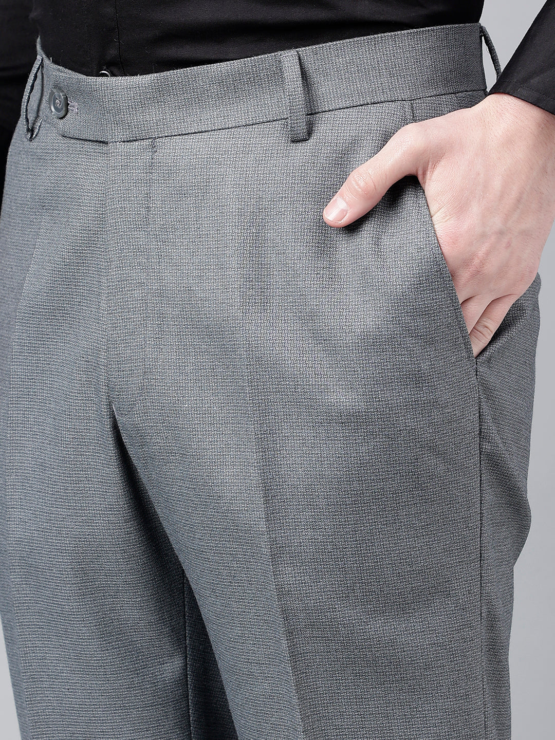 Men Grey Standard Fit Mid Rise Solid Formal Trouser