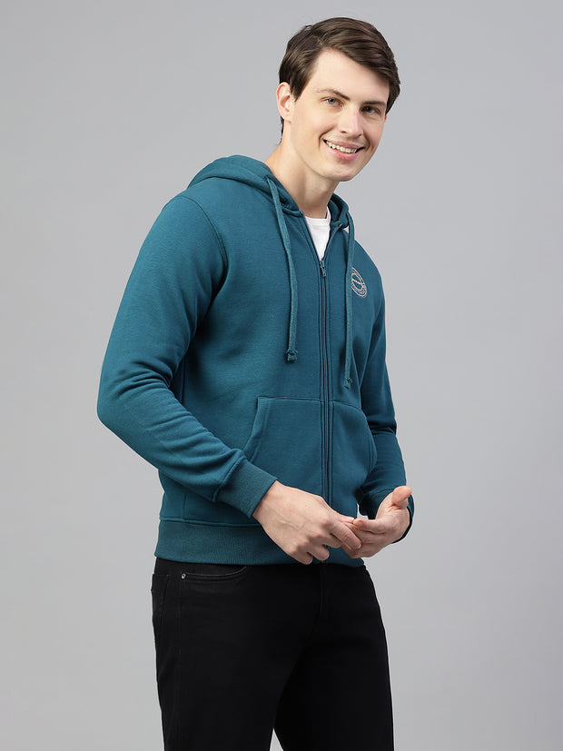 Men Teal Regular Fit Solid Hoodie Casual Sweat Shirt