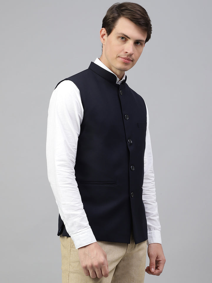 Men Navy Regular Fit Solid Stand Collar Formal Waist Coat