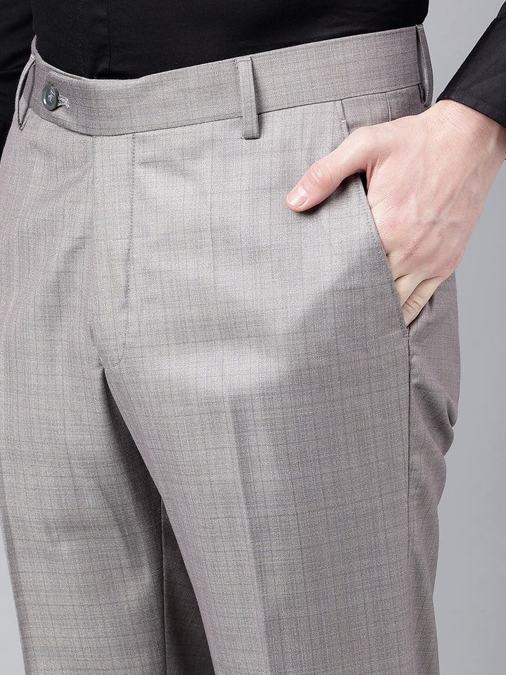 Men Grey Standard Fit Mid Rise Checked Formal Trouser