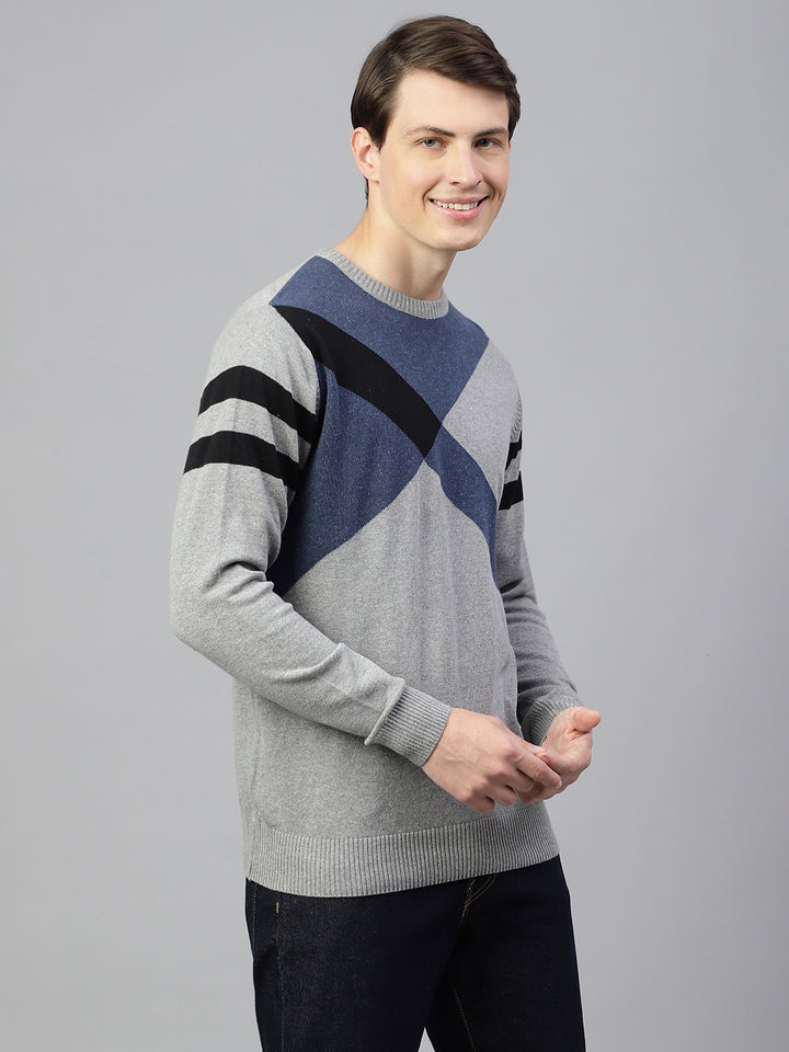 Men Grey Regular Fit Solid Crew Neck Casual Sweater