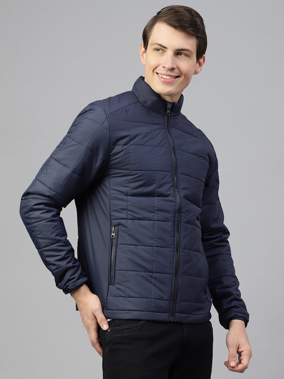 Men Navy Regular Fit Solid Stand Collar Casual Jacket