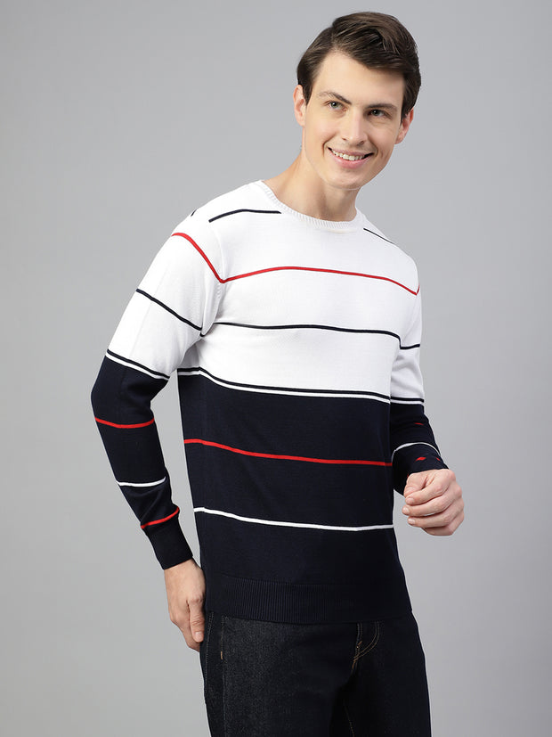 Men Navy White Regular Fit Solid Crew Neck Casual Sweater