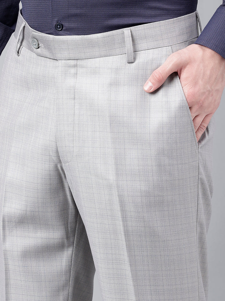 Men Light Grey Standard Fit Mid Rise Checked Formal Trouser