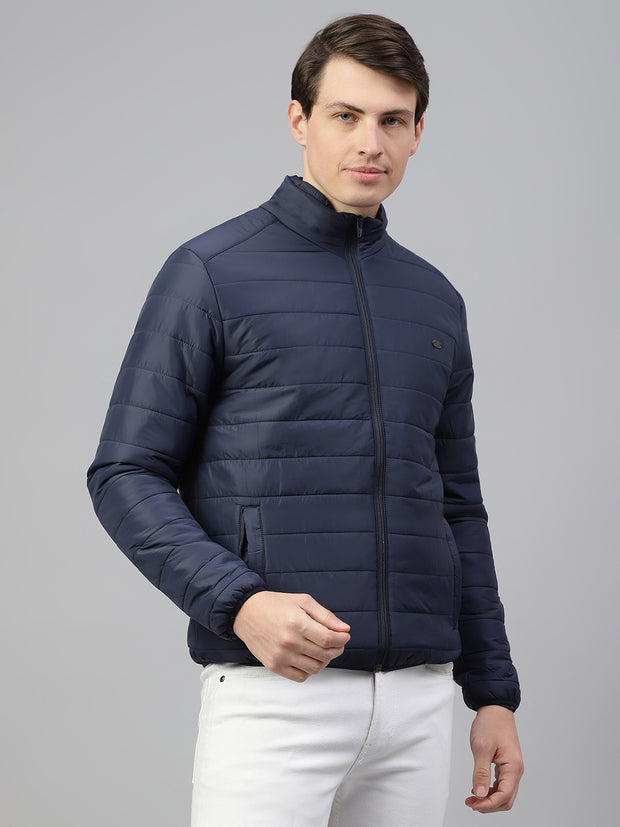 Men Navy Regular Fit Solid Stand Collar Casual Jacket