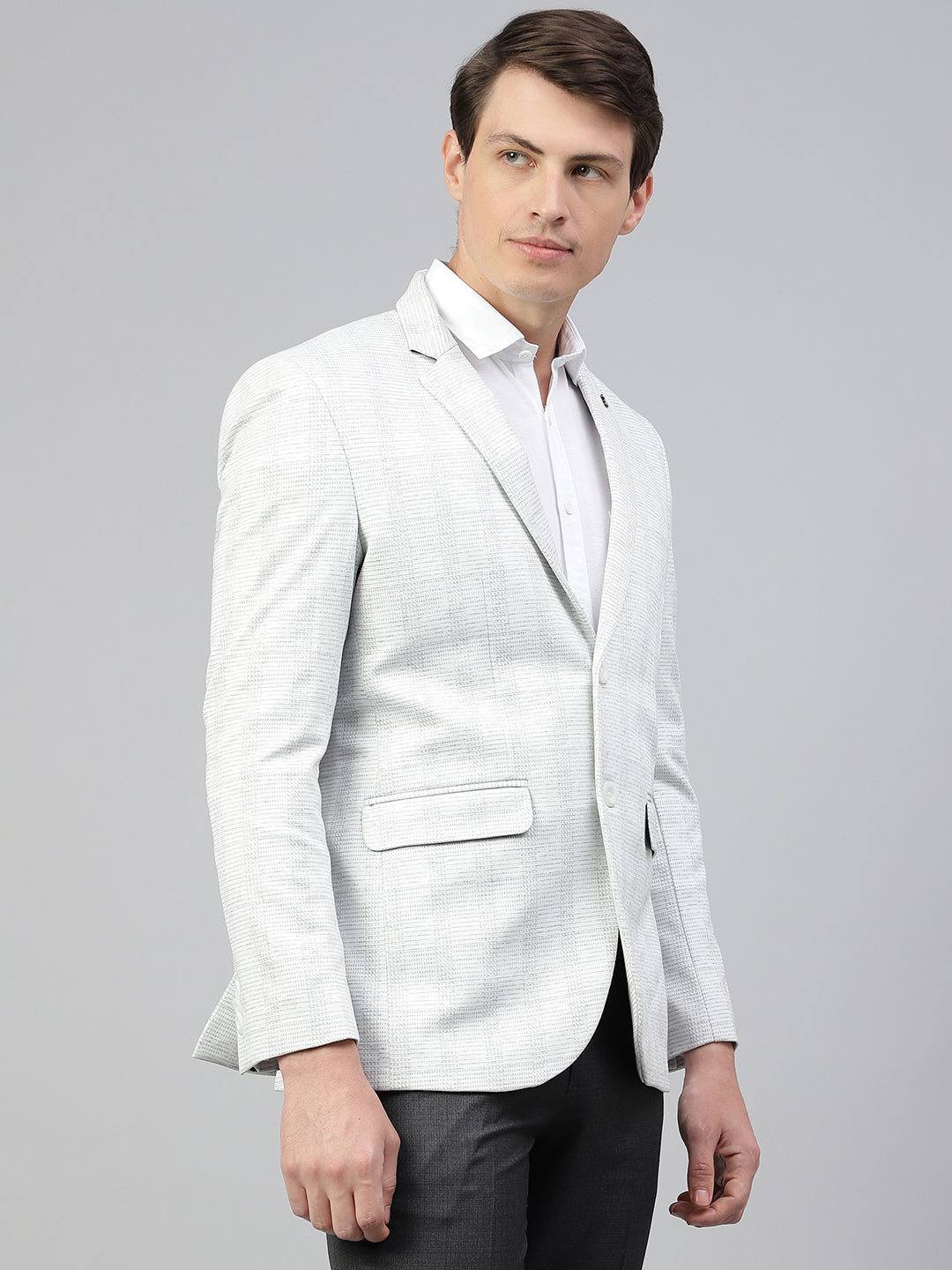 Men Grey Regular Fit Checkered Notched Lapel Casual Blazer