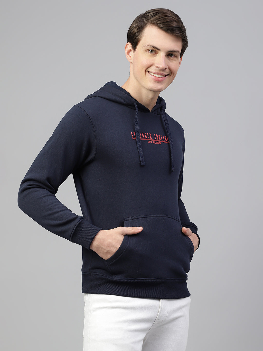 Men Navy Regular Fit Solid Hoodie Casual Sweat Shirt