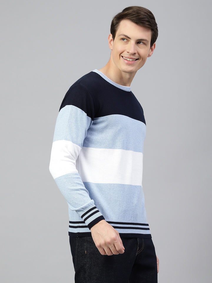 Men Navy Sky Regular Fit Solid Crew Neck Casual Sweater