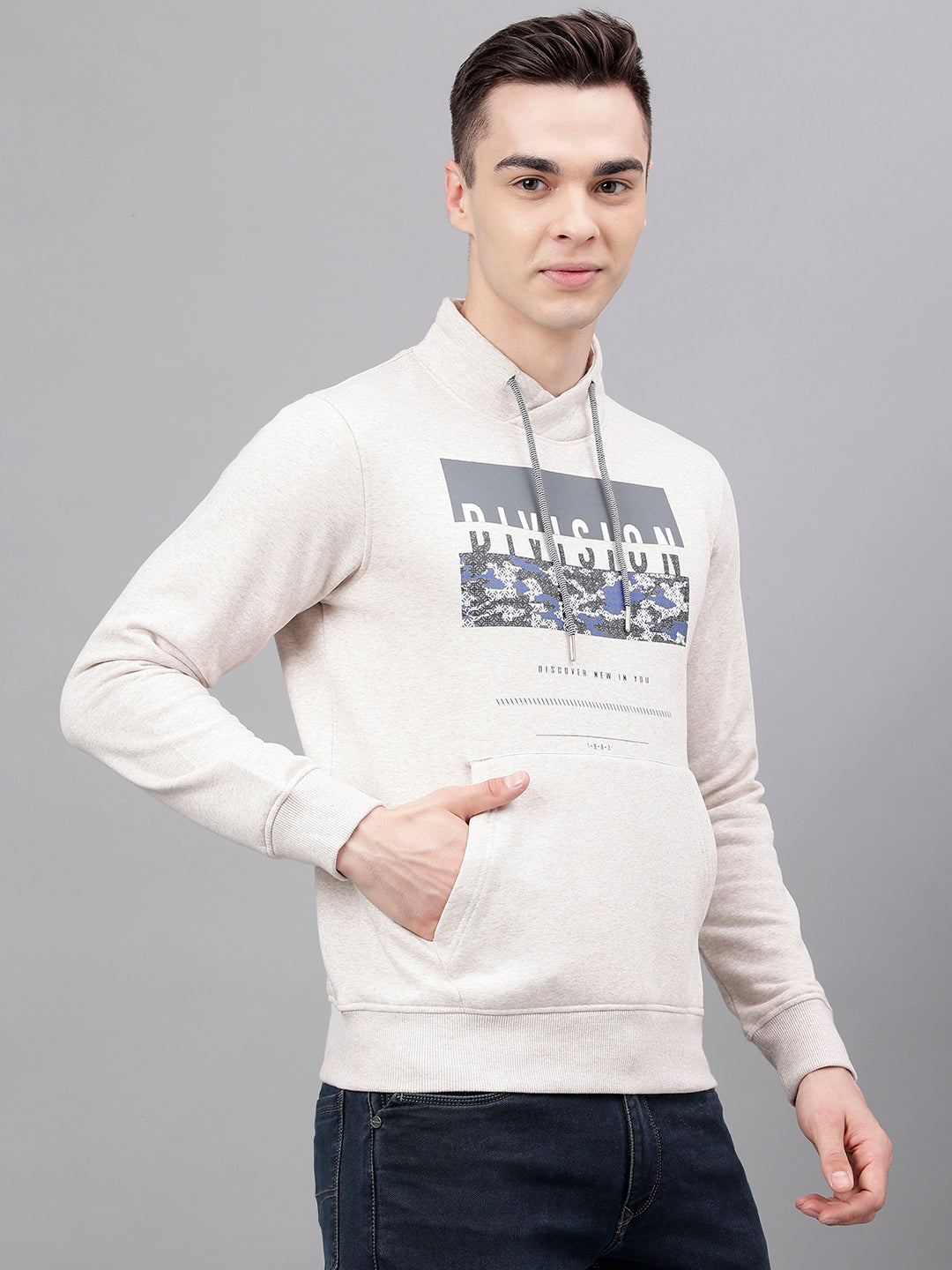 Men Oatmeal Standard Fit Printed Sweat Shirt