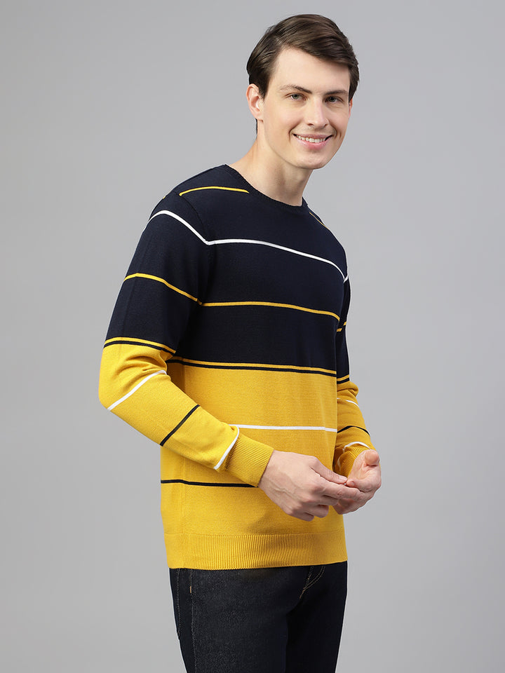 Men Navy Mustard Regular Fit Solid Crew Neck Casual Sweater