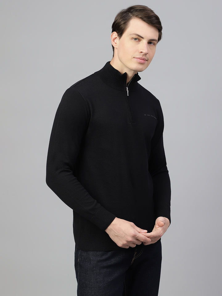 Men Black Regular Fit Solid Crew Neck Casual Sweater