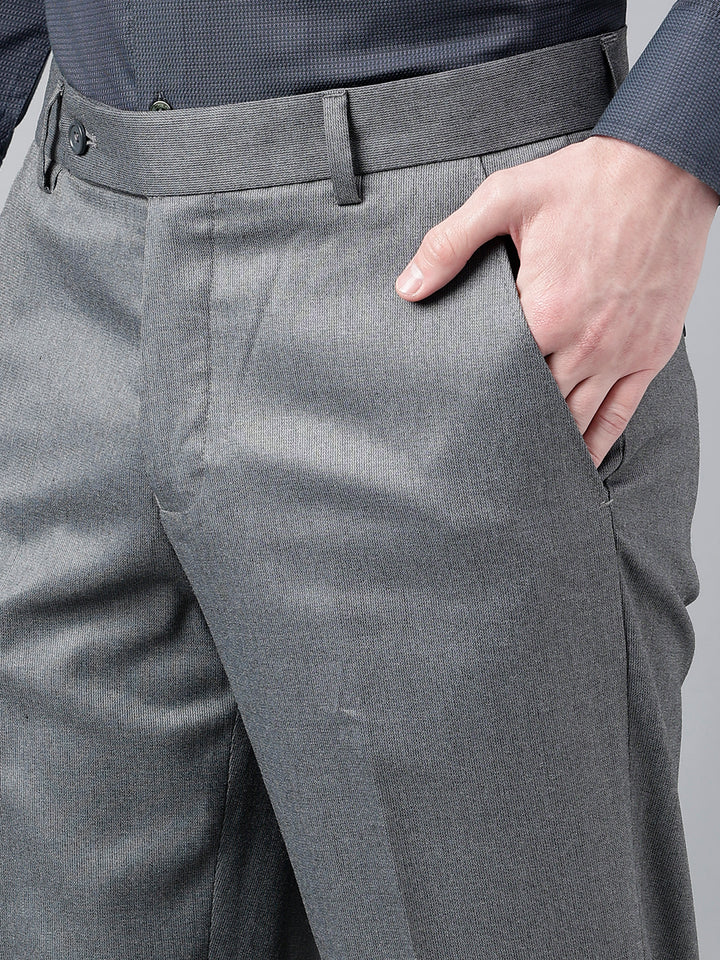 Men Grey Standard Fit Mid Rise Solid Formal Trouser