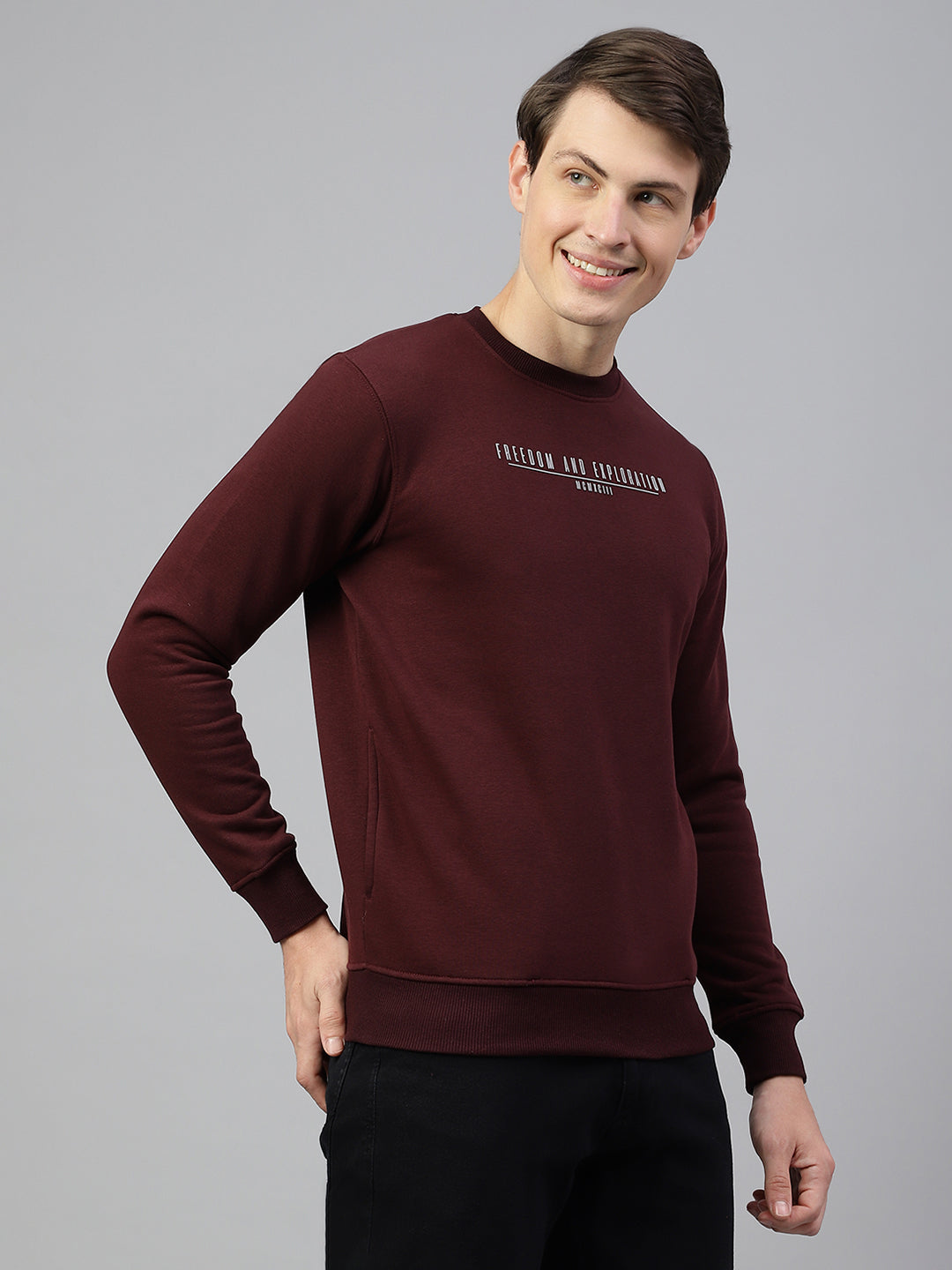 Men Wine Regular Fit Solid Crew Neck Casual Sweat Shirt