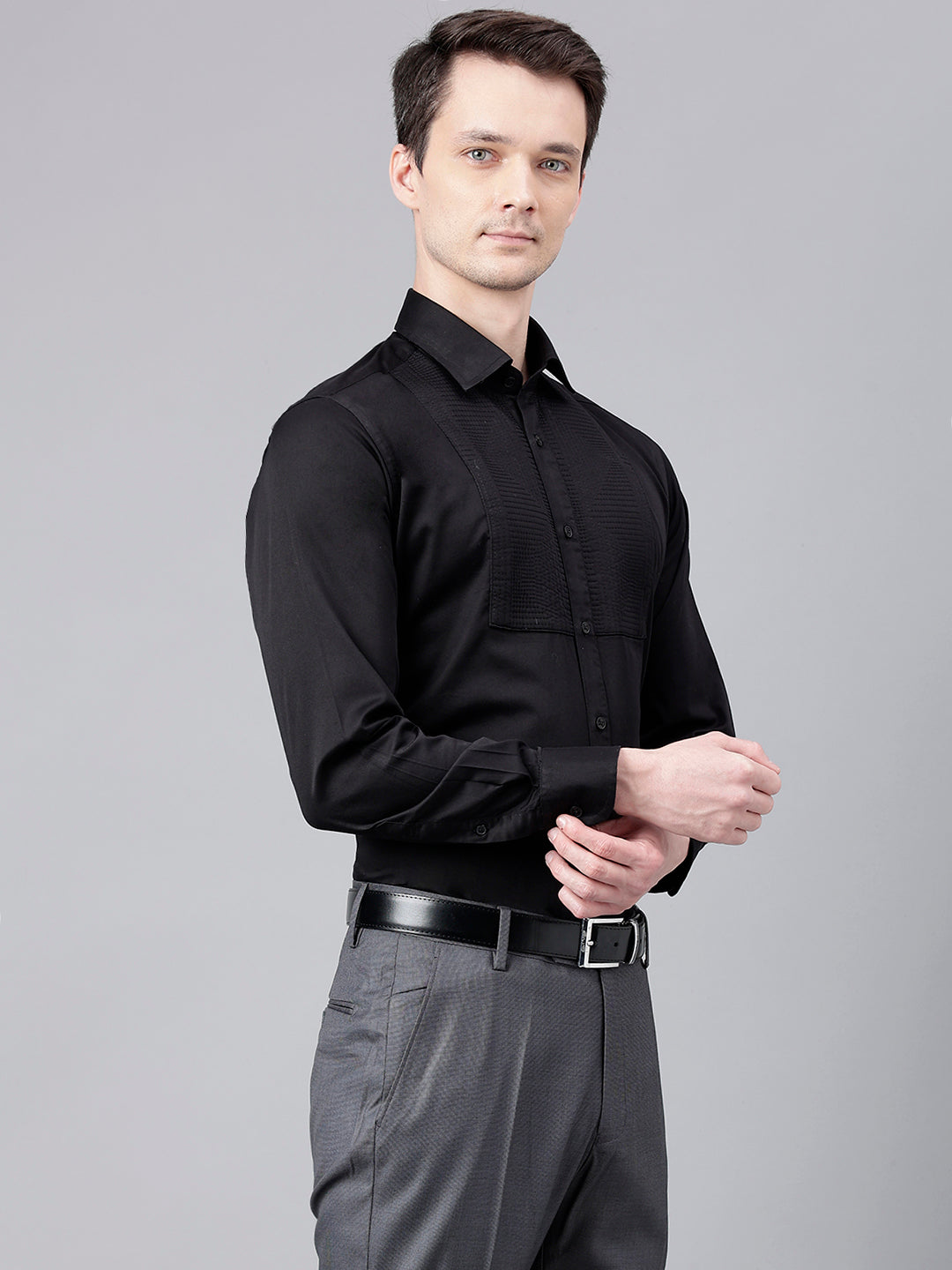 Men Black Standard Fit Self Design Club Wear Shirt