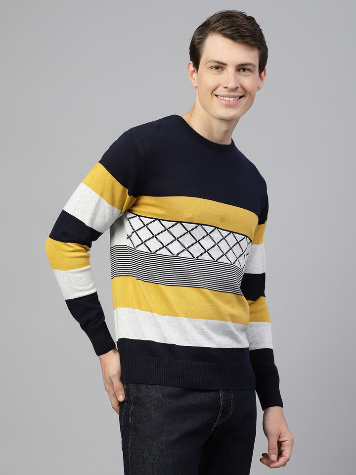 Men Navy Mustard Regular Fit Solid Crew Neck Casual Sweater