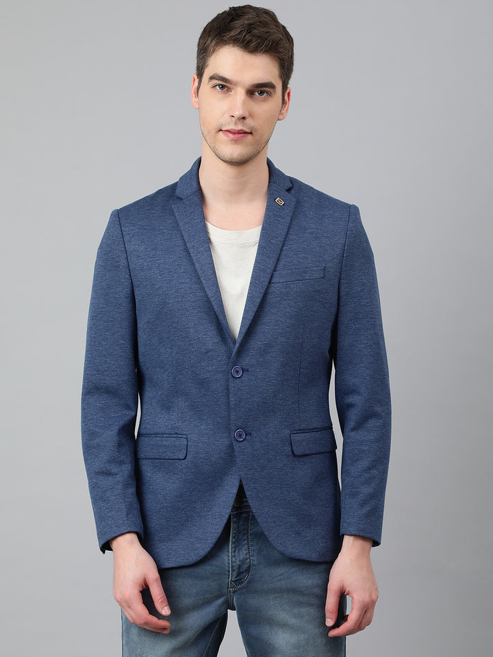 Men Blue Regular Fit Solid Notched Lapel Casual Blazer