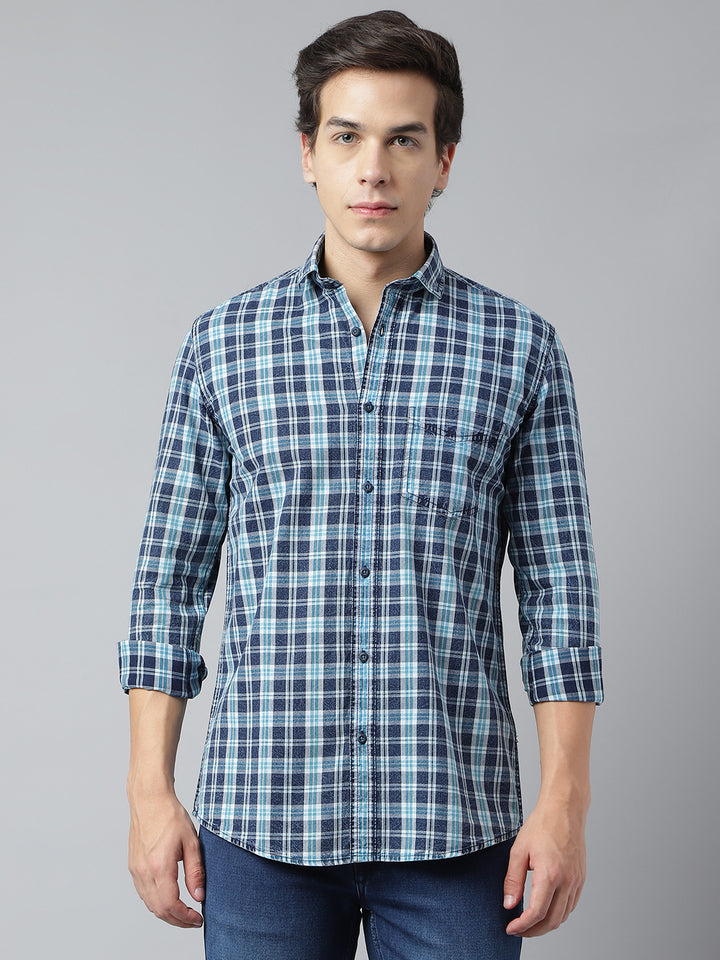 Men Navy Turquoise Standard Fit Checkered Casual Shirt