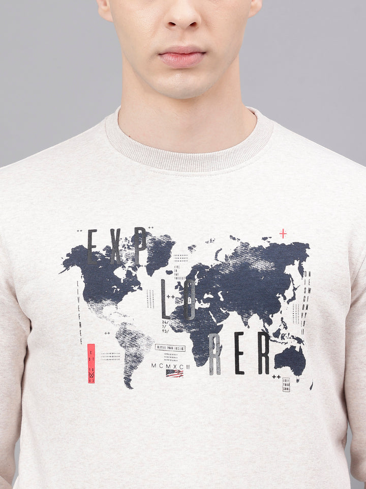 Men Oatmeal Standard Fit Printed Sweat Shirt