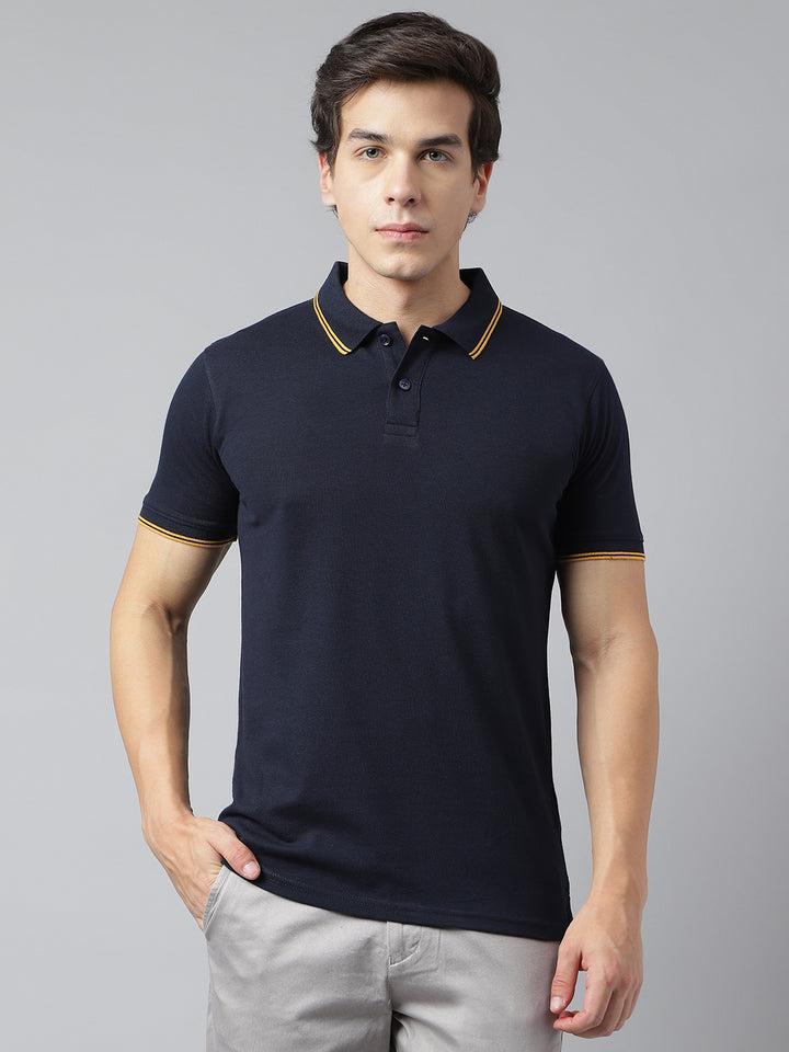 Men Navy Regular Fit Solid Polo Neck Casual T-Shirt