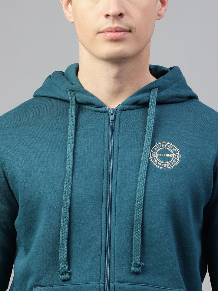 Men Teal Regular Fit Solid Hoodie Casual Sweat Shirt