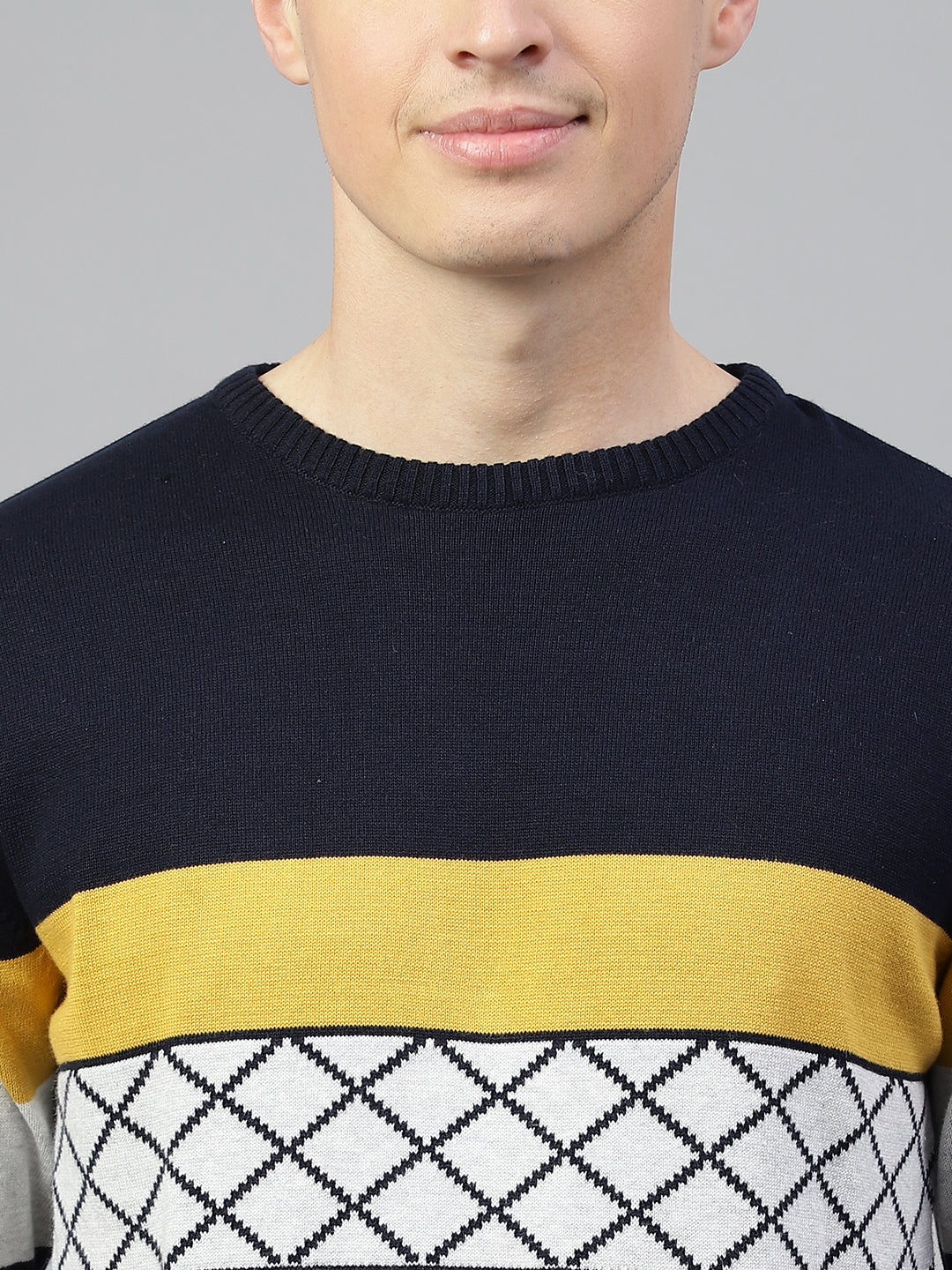 Men Navy Mustard Regular Fit Solid Crew Neck Casual Sweater