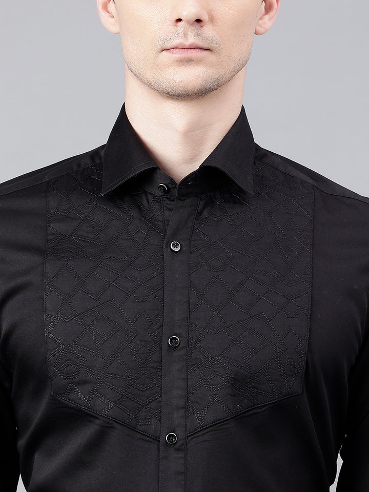 Men Black Standard Fit Self Design Club Wear Shirt