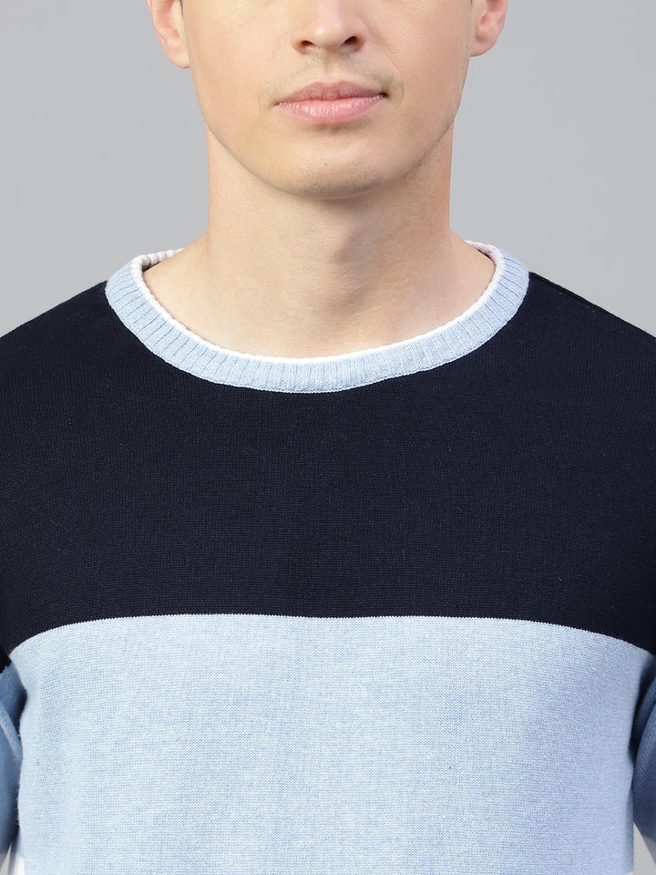 Men Navy Sky Regular Fit Solid Crew Neck Casual Sweater