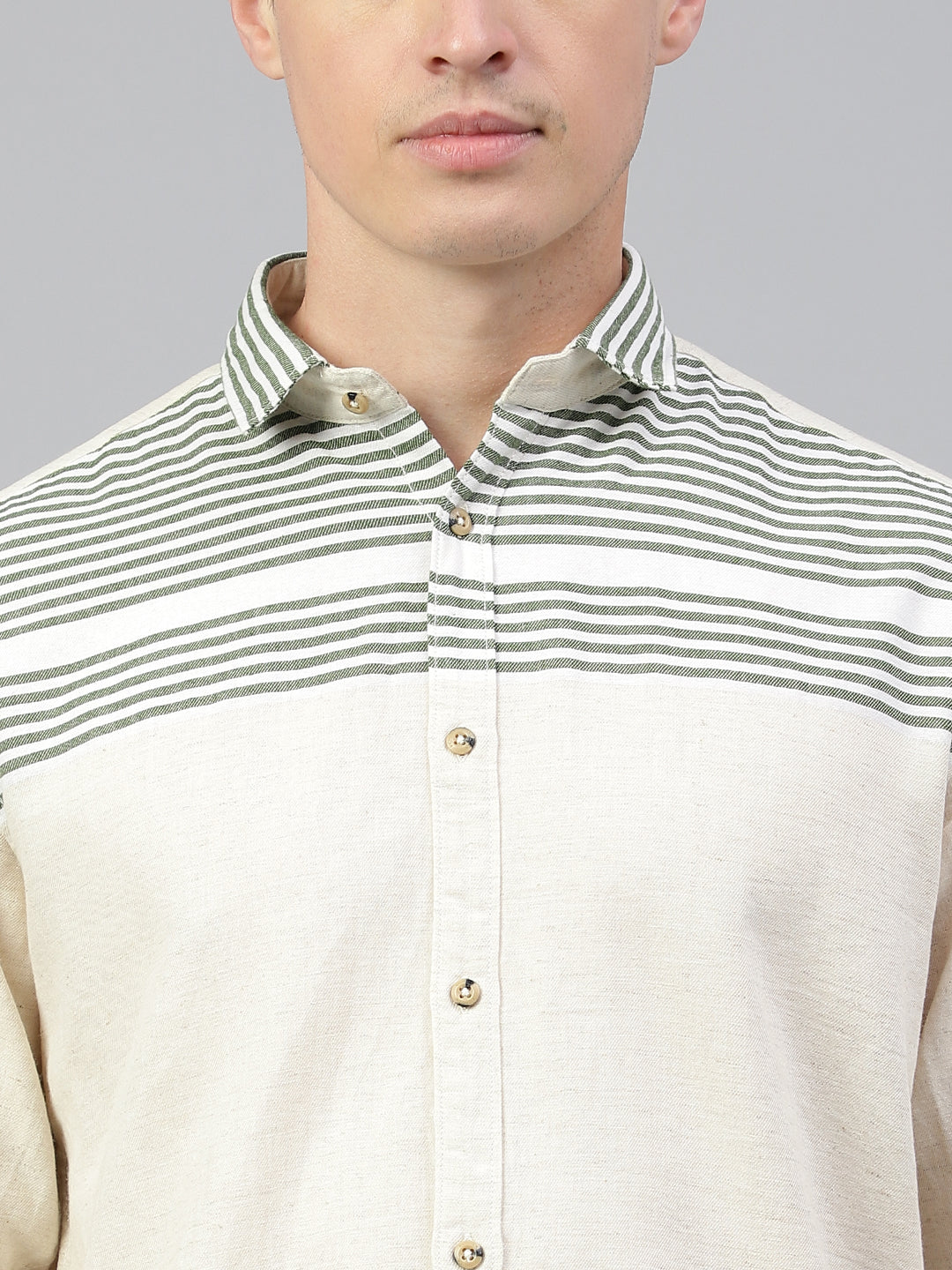 Men Cream Green Regular Fit Striped Spread Collar Casual Shirt