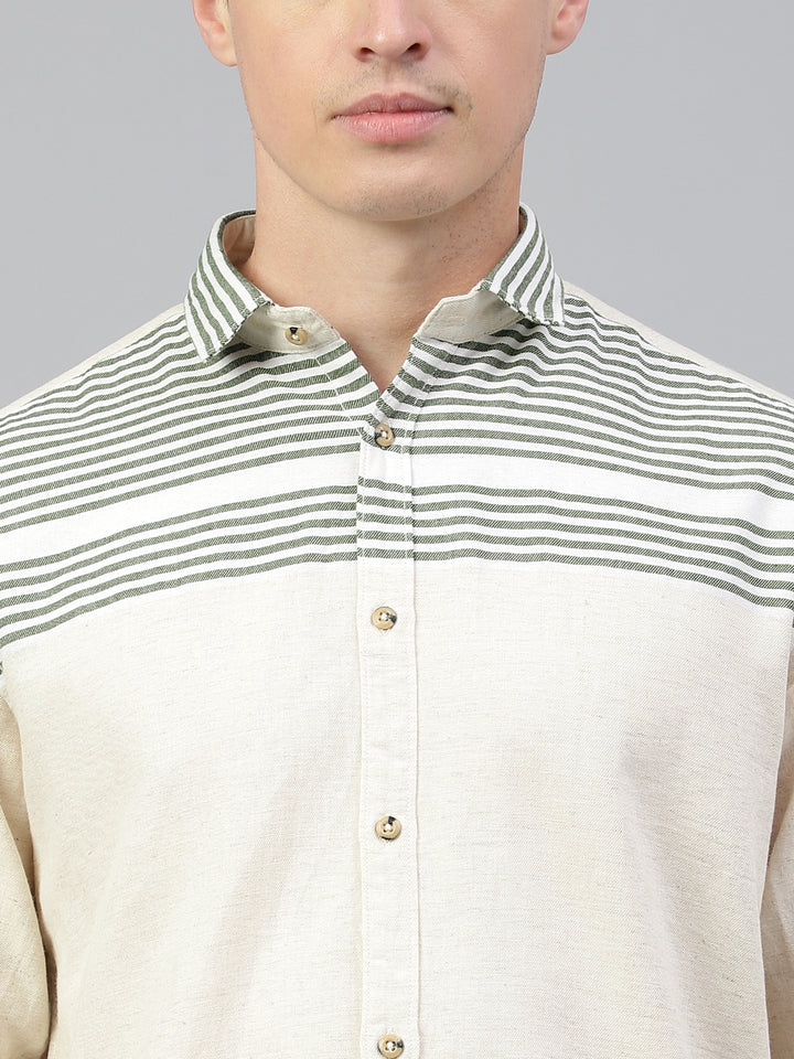 Men Cream Green Regular Fit Striped Spread Collar Casual Shirt