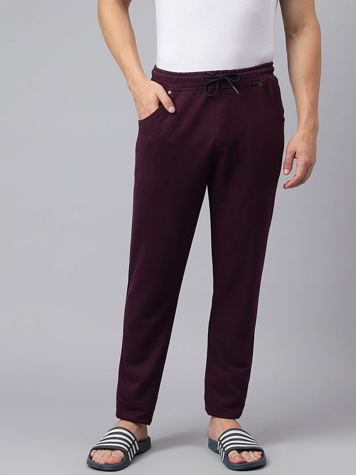 Men Wine Slim Fit Mid Rise Solid Lower