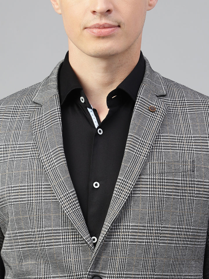 Men Grey Regular Fit Checkered Notched Lapel Casual Blazer