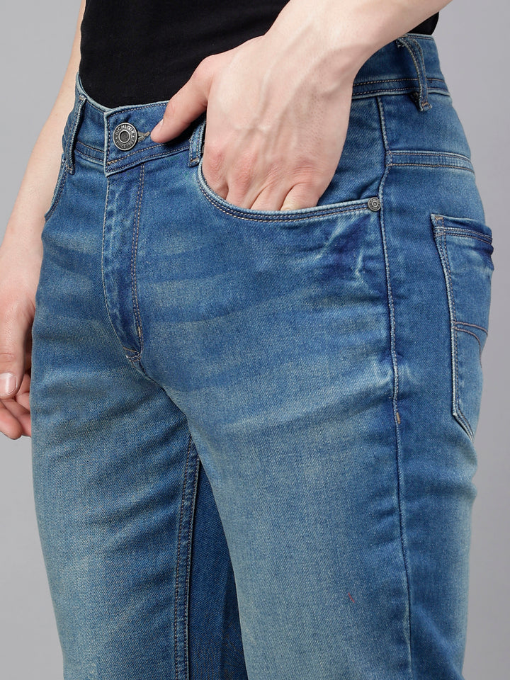 Men Light Blue Slim Fit Washed Mid Rise Stretchable Jeans