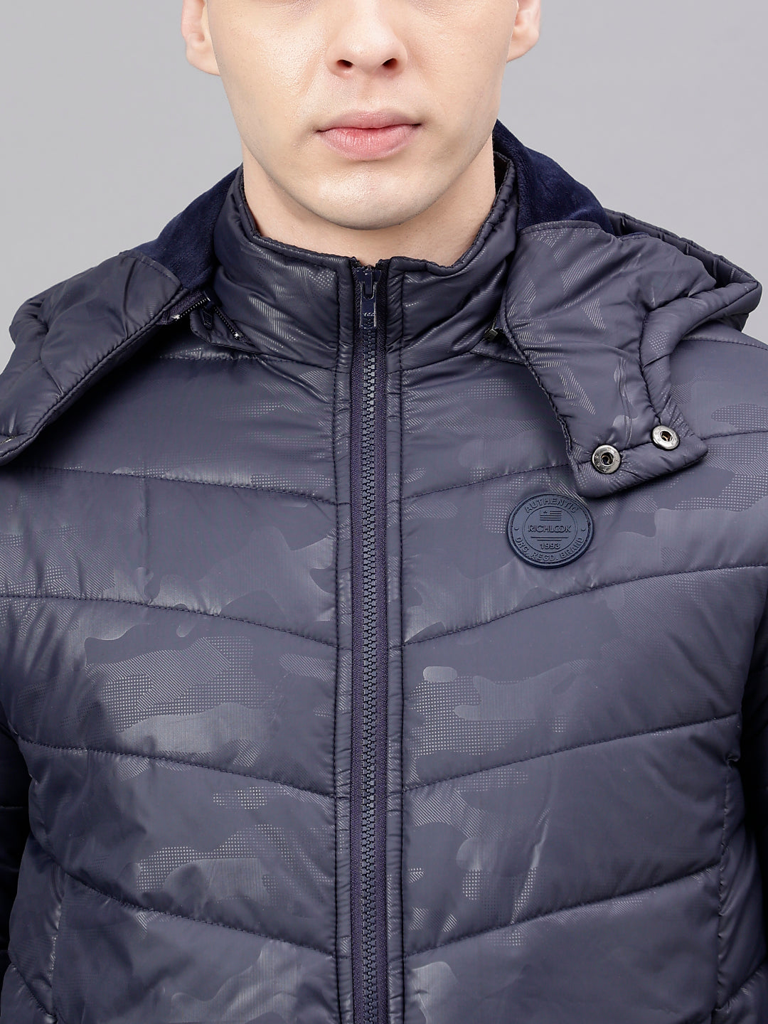 Men Navy Standard Fit Solid Hoodie Jacket