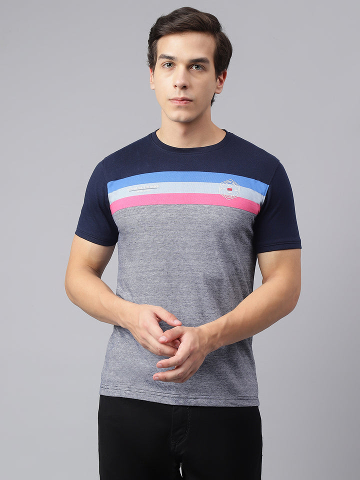 Men Grey Navy Regular Fit Color Blocked Crew Neck Casual T-Shirt