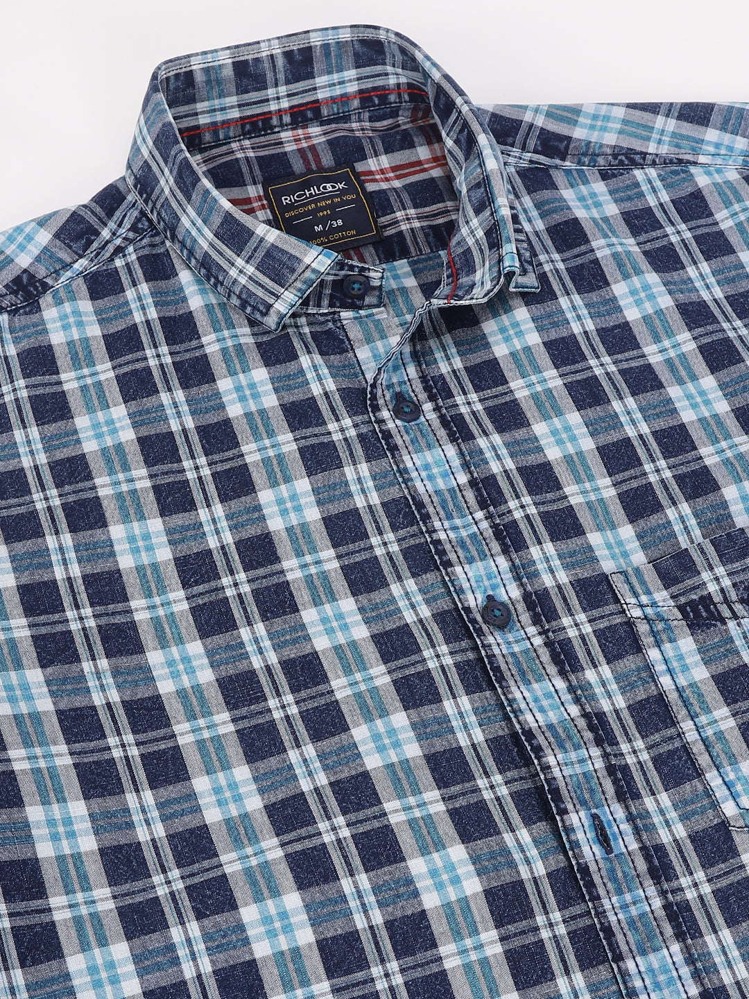 Men Navy Turquoise Standard Fit Checkered Casual Shirt