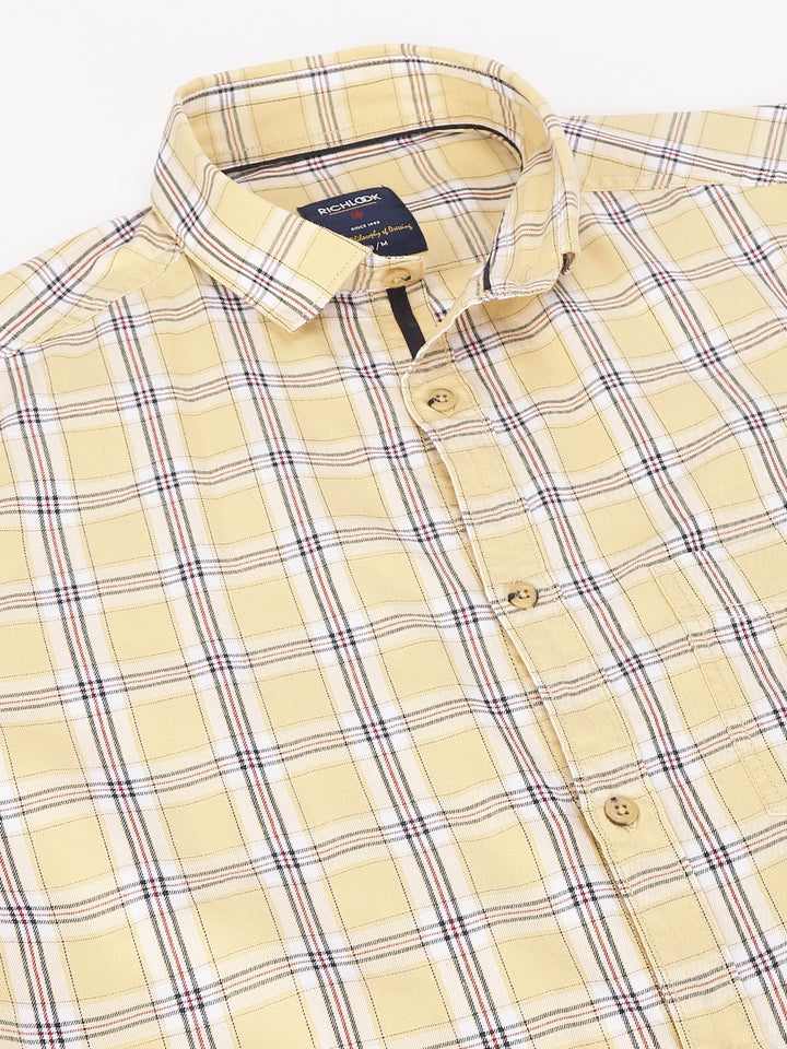 Men Mustard Standard Fit Checkered Casual Shirt