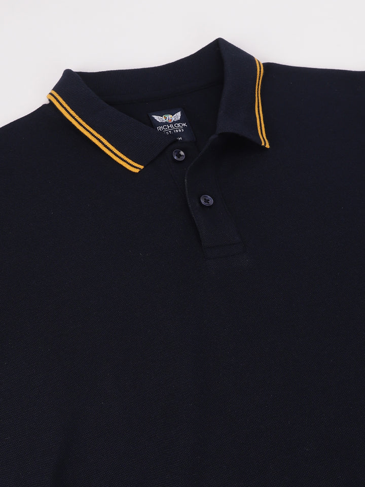 Men Navy Regular Fit Solid Polo Neck Casual T-Shirt