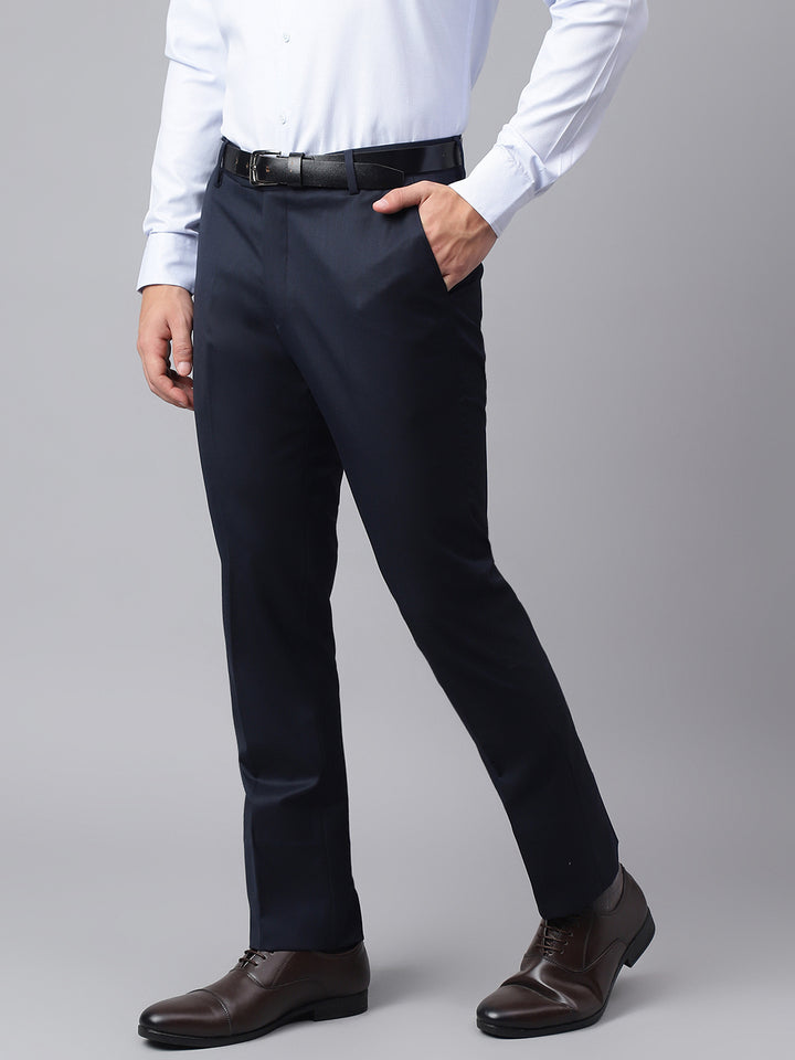 Men Navy Smart Fit Mid Rise Formal Trouser