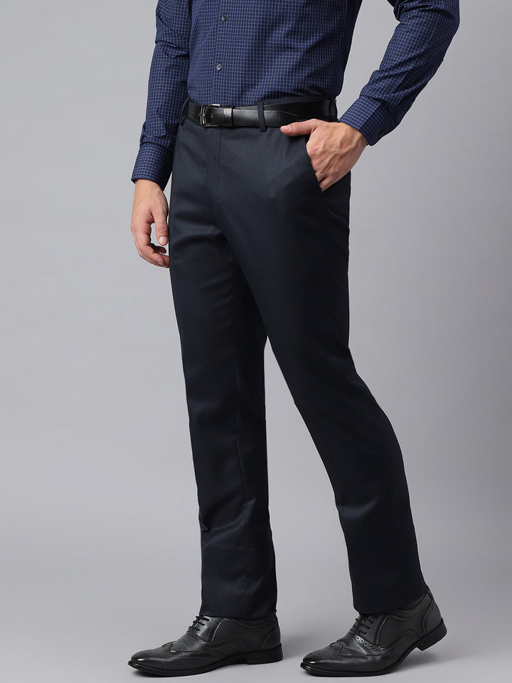 Men Navy Smart Fit Mid Rise Formal Trouser