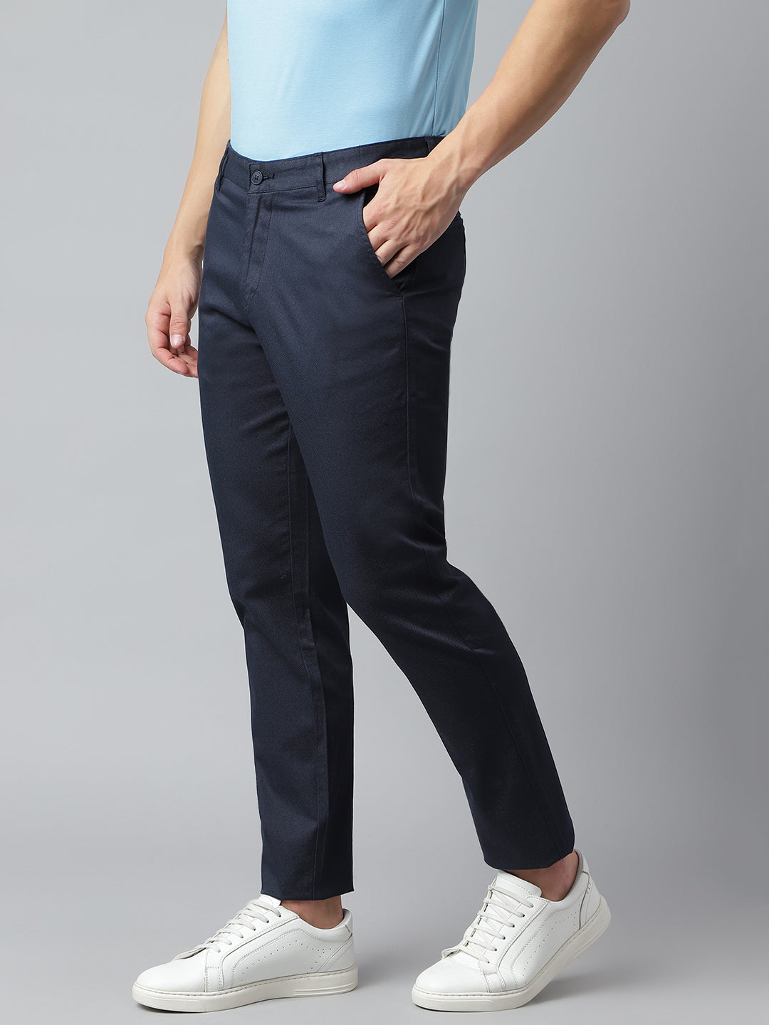 Men Navy Slim Fit Mid Rise Solid Casual Trouser