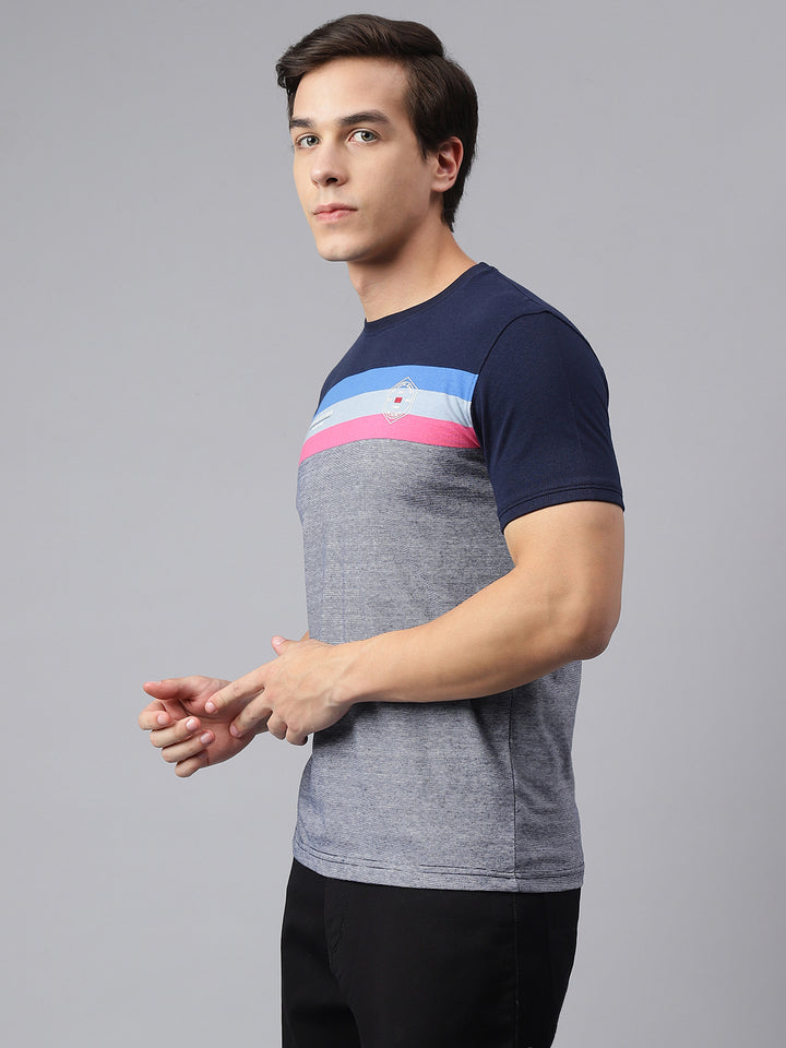 Men Grey Navy Regular Fit Color Blocked Crew Neck Casual T-Shirt