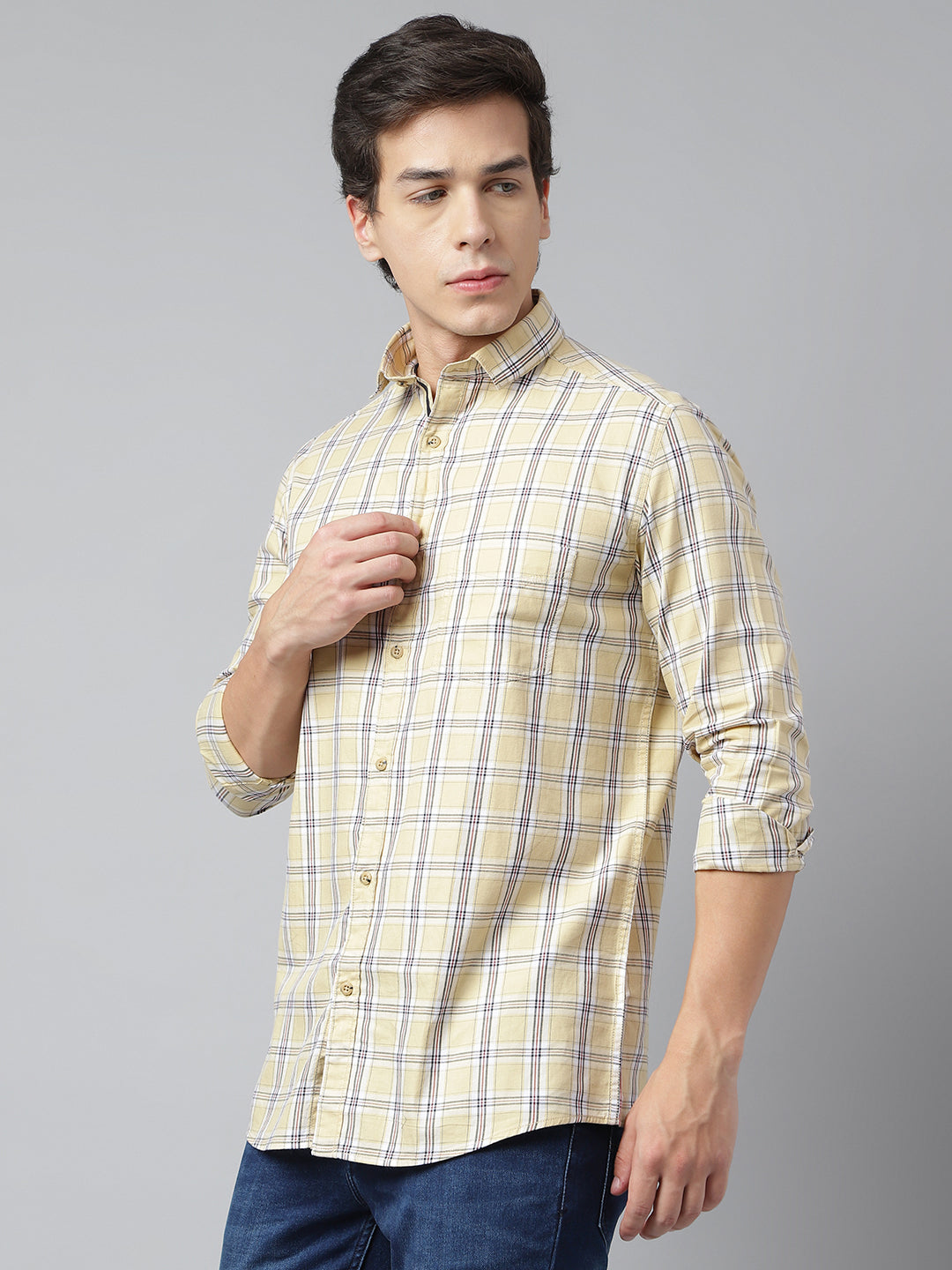 Men Mustard Standard Fit Checkered Casual Shirt