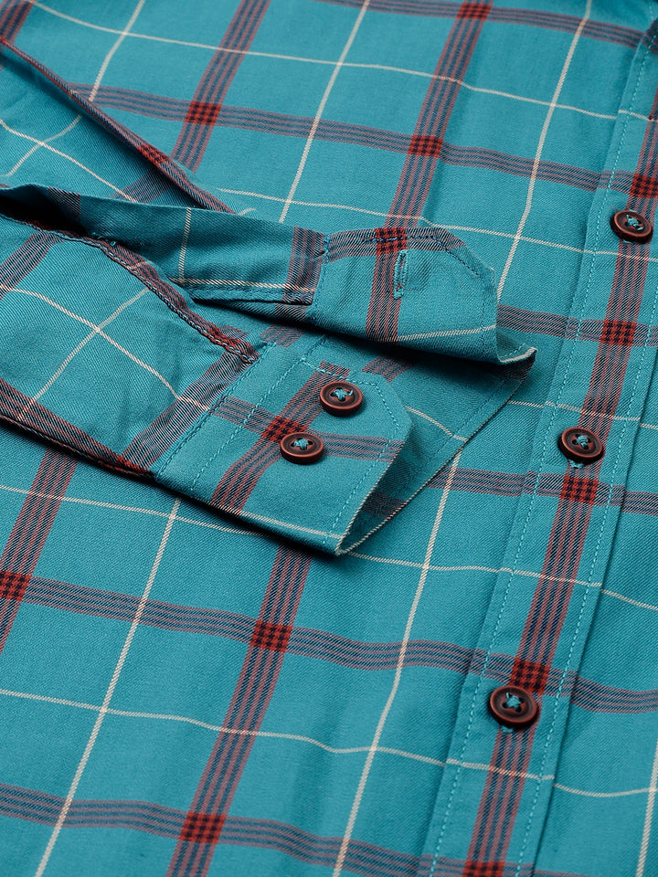 Men Teal Standard Fit Checkered Casual Shirt