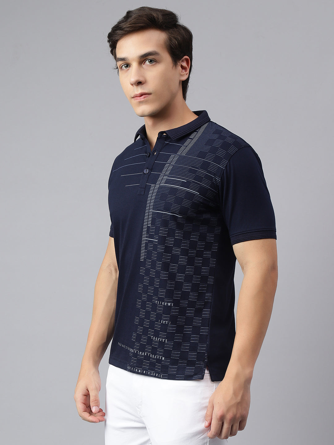 Men Navy Regular Fit Printed Polo Neck Casual T-Shirt