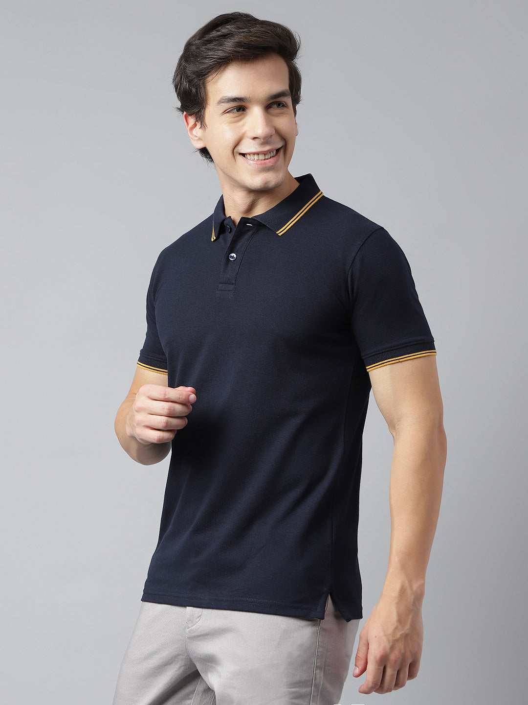 Men Navy Regular Fit Solid Polo Neck Casual T-Shirt