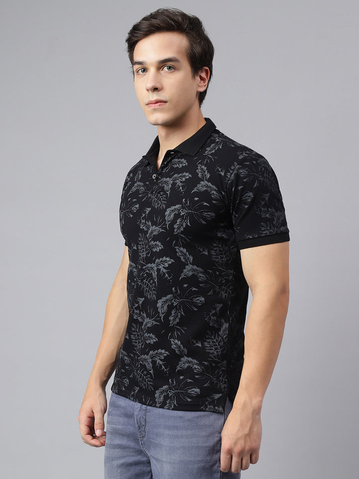 Men Black Regular Fit Printed Polo Neck Casual T-Shirt