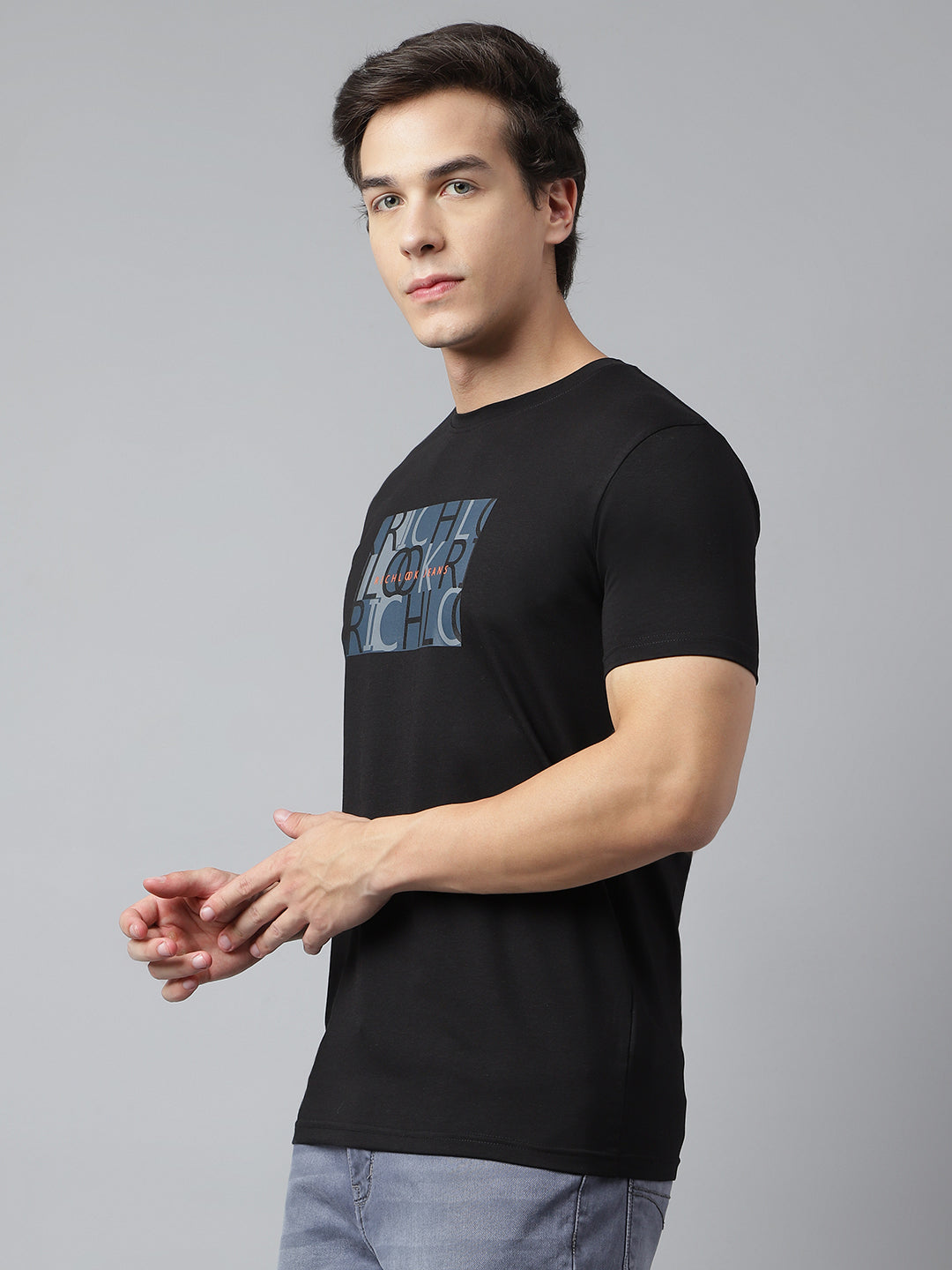 Men Black Regular Fit Printed Crew Neck Casual T-Shirt