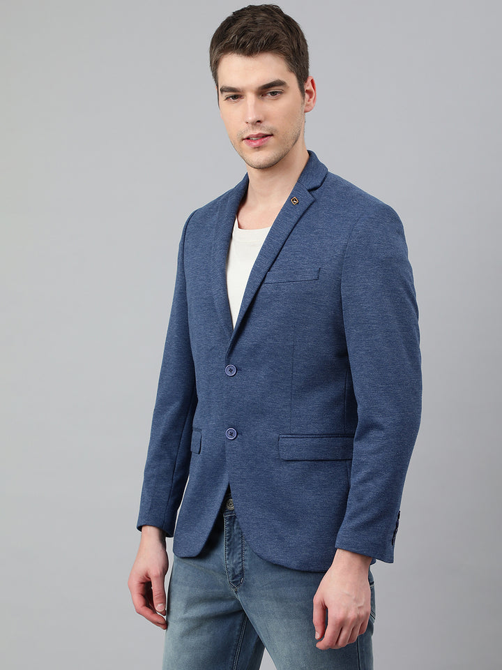 Men Blue Regular Fit Solid Notched Lapel Casual Blazer