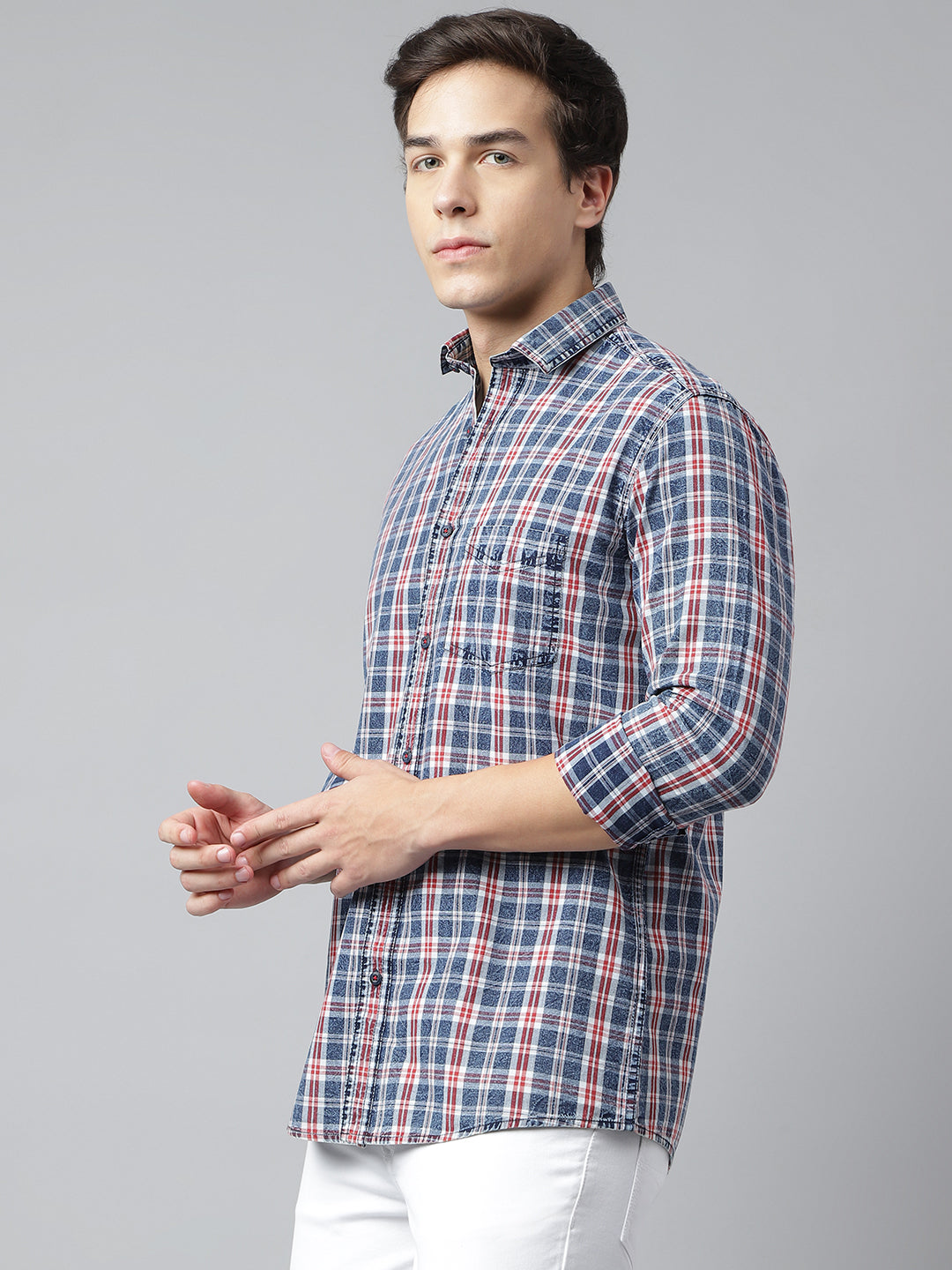 Men Navy Maroon Standard Fit Checkered Casual Shirt