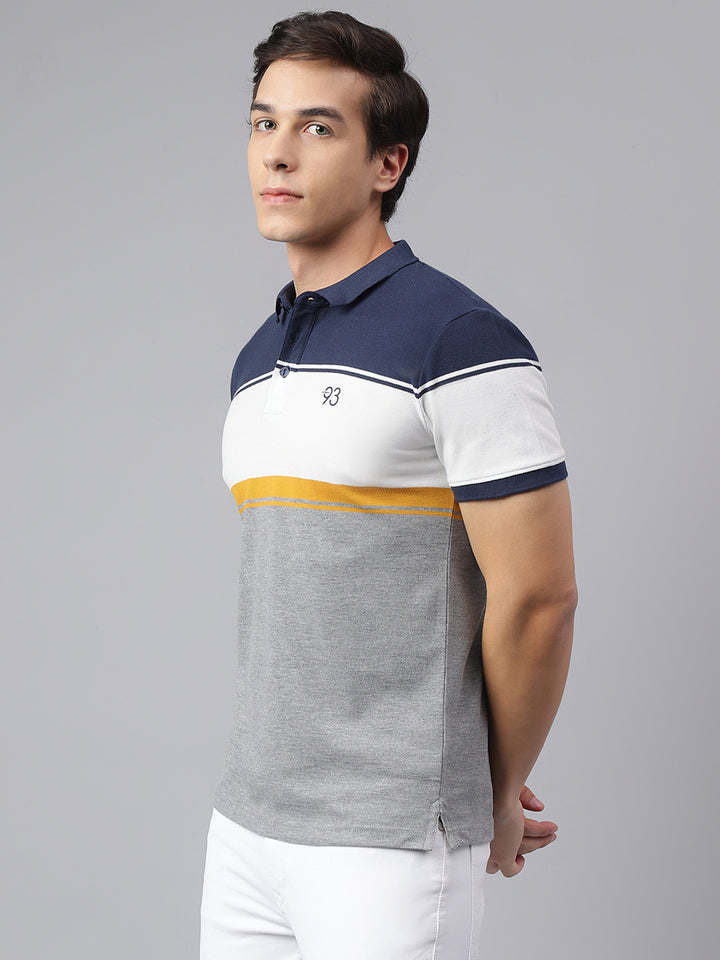 Men Grey Navy Regular Fit Color Blocked Polo Neck Casual T-Shirt